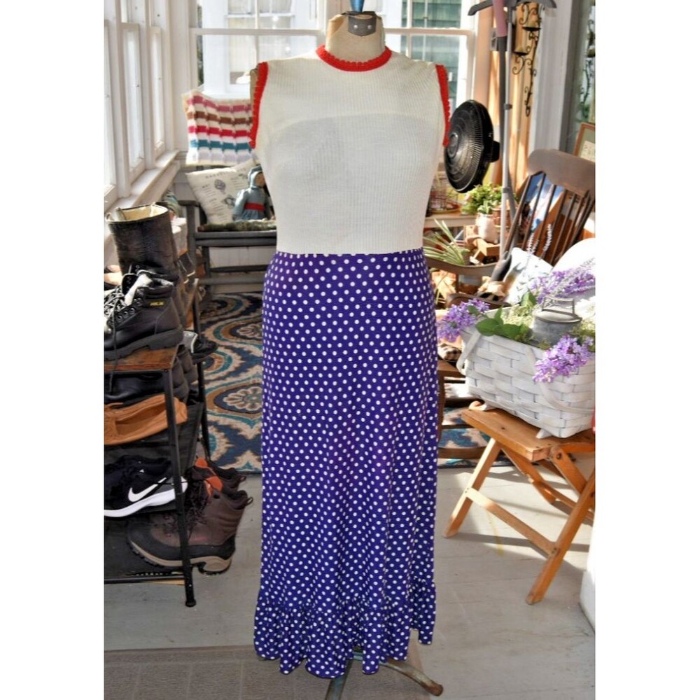 Vintage 1970s Sleeveless Beige Navy Polka Dot Maxi Dress Sleeveless Trim Small